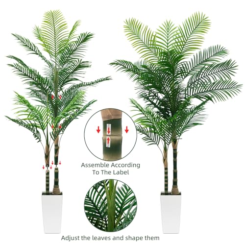 7ft Artificial Golden Cane Palm Tree with LED Fairy Lights & White Tall Planter-Lifelike Faux Tropical Palm with Realistic Trunk and Palm Leaves for Indoor Home Office Living Room Corner Decor