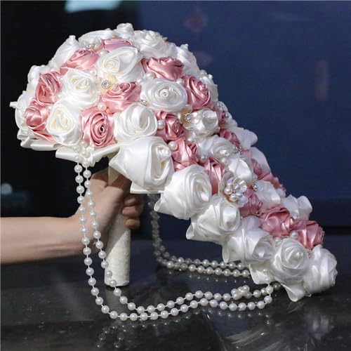 Handmade Satin Rose Water Drop Bridal Bouquet,8.7inch Crystal Wedding Round Tossing Bouquet,Jewelry Proposal Bridesmaid Bouquet Groom Corsage Bride Wrist Flower Ivory (Pink) - color: Pink