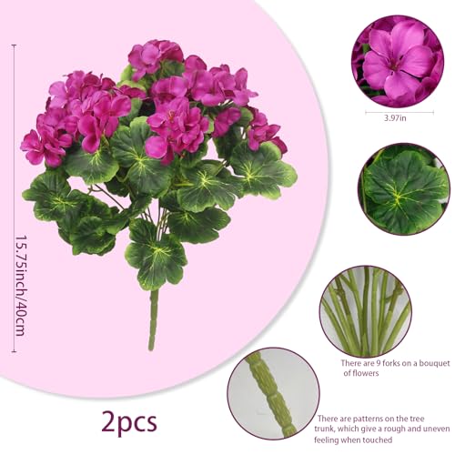 2 Pcs Artificial Geraniums for Outdoors Silk Cemetery Flowers Fuchsia Faux Flowers Geraniums for Planter Outdoor Garden Patio Grave Cemetary Vase Centerpiece Indoor Porch Decor - color: Fuchsia