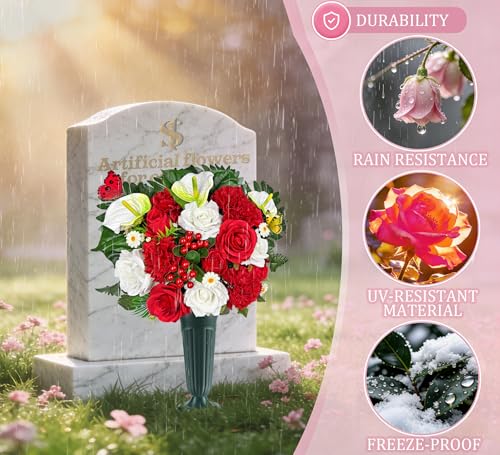 Artificial Cemetery Flowers for Grave,Memorial Flowers Bouquet with Vase for Headstones Decoration,Bright and Vibrant Red Rose Carnation - color: White