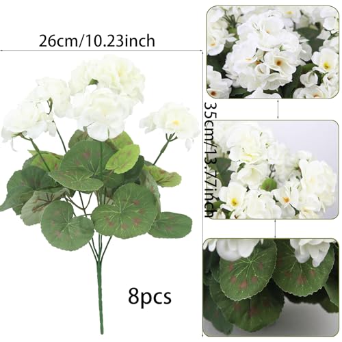 CITYES 8 Pcs Artificial Geraniums Flowers White Silk Geraniums for Outdoors UV Resistant Artificial Geranium Bush Faux Flowers Plant for Garden Home Decor Indoor Patio Vase Table Centerpiece - color: White