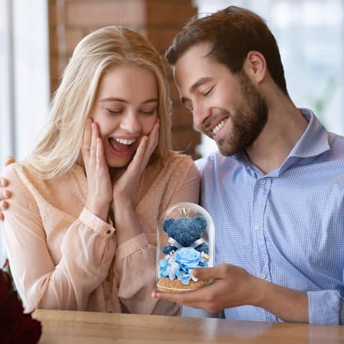 Preserved Rose Flowers Gifts for Her, Real Forever Rose in Glass Dome with Adorable Bear for Girlfriend,Mom,Wife,Grandma on Birthday Anniversary Valentine's Day (Blue) - color: Blue