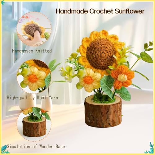 Handmade Knitted Sunflower Potted Plant Decoration | Cute Crochet Artificial Sunflower Decor Boho Home Decor for Desk Office Car Dashboard Inspirational Gift for Women