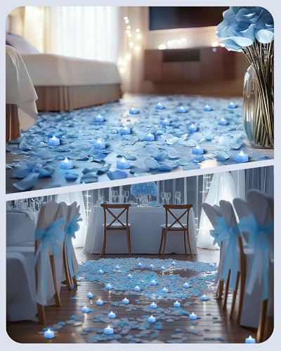 Amagic 1000 Pieces Light Blue Artificial Rose Petals with 12 Light Blue LED Tea Lights, Rose Petals and Candles Set for Proposal, Anniversary, Romantic Night, Wedding Decor - color: 12 Pcs Light Blue Candles + 1000 Pcs Light Blue Petals