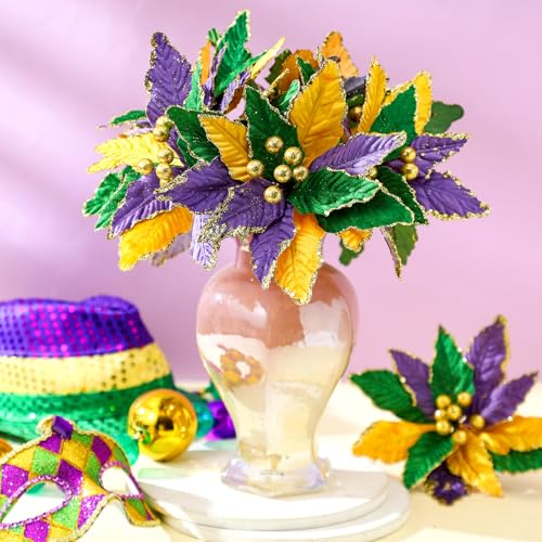 Giegxin 8 Pcs 8'' Mardi Gras Flowers Mardi Gras Poinsettia Flowers Artificial Poinsettia Stems Velvet Purple Gold Green Ornaments Fold Floral for Holiday Party Decorations - color: Purple Gold Green