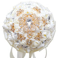 Handmade Brooch Wedding Flowers Bridal Bouquets Crystal Bride Holding Bouquet White Ivory Satin Roses with Diamond Pearl Ribbon (Luxury-Glod) - color: Gold