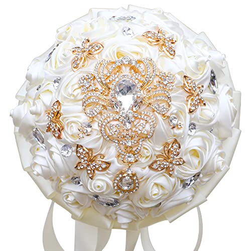 Handmade Brooch Wedding Flowers Bridal Bouquets Crystal Bride Holding Bouquet White Ivory Satin Roses with Diamond Pearl Ribbon (Luxury-Glod) - color: Gold