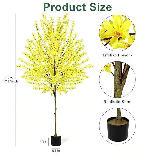 4FT Yellow Artificial Forsythia Tree, Faux Spring Forsythia Flower Branches Plant with Pot, Lifelike Fake Tree for Living Room Corner, Entryway, Porch Indoor Outdoor Decor - size: 4ft
