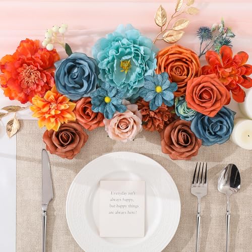 Floweroyal Artificial Flowers Fake Rose Flowers Dahlia with Stems for DIY Wedding Bridal Bouquets, Baby Shower, Floral Arrangement, Table Centerpieces, Home Decorations - color: Orange & Teal