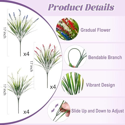 Ammyoo Artificial Faux Plants for Outdoor Spring Decoration, 12 Pcs Fake Monkey Grass for Garden Porch Balcony Planters, Fake Flowers Shrubs UV Resistant No Fade Plants Greenery Bush (Red Blue White) - color: Red Blue White, size: 12 Pcs