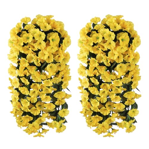 HyeFlora Artificial Fake Hanging Flowers Plants for Outdoor Outside Spring Decoration, 2PCS Faux Silk UV Resistant Look Real Yellow Morning Glory Trailing Vines for Home Planter Porch Patio Balcony - color: Yellow 2