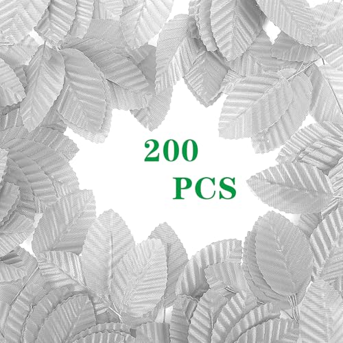 200 Pcs Silver Leaves for Crafts - Artificial Silk Faux Wired Single Leaf Wire Crafts Leaves - Plastic Artificial Flowers - For DIY Home Wreath, Wedding, Christmas - color: Silver