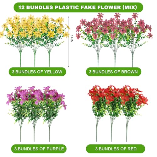 ADXORA Fake Fall Artificial Flowers for Outdoor Decoration 12 Bundles Faux Silk Mums Daisy UV Resistant Autumn Flowers for Garden Patio Porch Window Box Outdoor Indoor Decor - color: Purple,brown,yellow,red