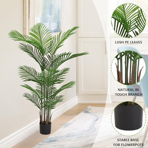 6ft Artificial Palm Tree in Weighted Pot - UV Resistant Tall Fake Plants for Outside Patio, Large Fake Plant Indoor Outdoor, Triple Trunk Faux Palm (Set of 2) (6 FT x 2)