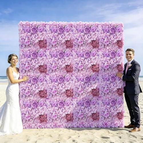 Zythrem Purple Flower Wall Backdrop 12-Pack Rose Wall Panels 15×15 Inch Silk Flower Wedding Backdrop 3D Artificial Floral Backdrop for Birthday Party Home Event Photography Background - color: Purple