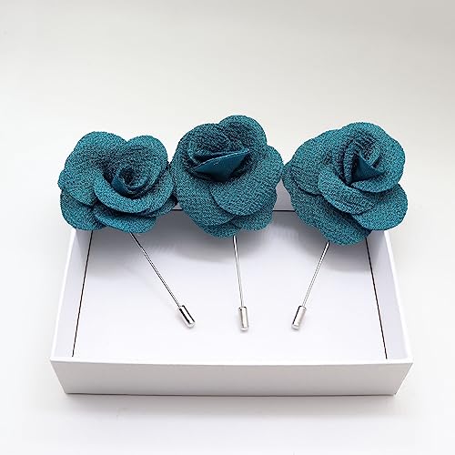 Rhungift Men's Camellia Flower Lapel Pin Handmade Rose Boutonniere Stick Brooch for Suits Wedding Party Groom Multicolor Men Women - color: Cyan-Green