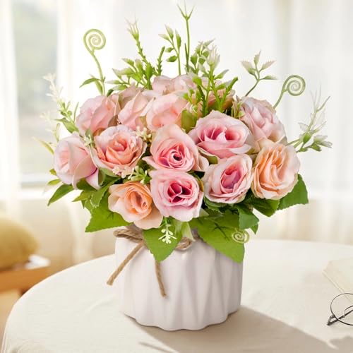 Fake Flowers with Vase,Pink Roses Artificial Flowers in Vase | Faux Flower Plant Arrangement,No Maintenance Faux Flower Arrangement, 6.3 Inch Realistic Table Decor for Home Office Wedding - color: Pink