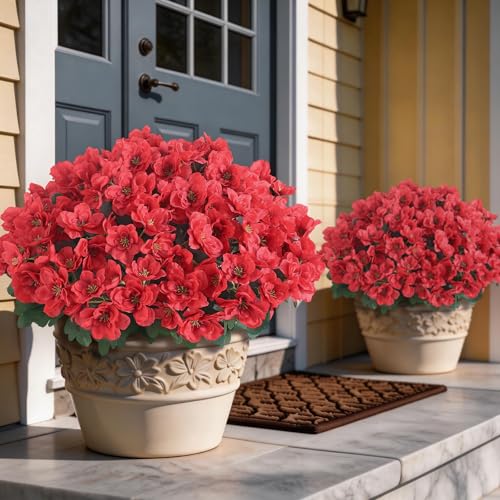 YXZZWL 16 Bundles Artificial Flowers for Front Door, Fake Silk Azalea Bouquet Silk Flowers for Outside UV Resistant Realistic Faux Plants for Planter Farmhouse Patio Garden Walkways Home Decor (Red) - color: Red