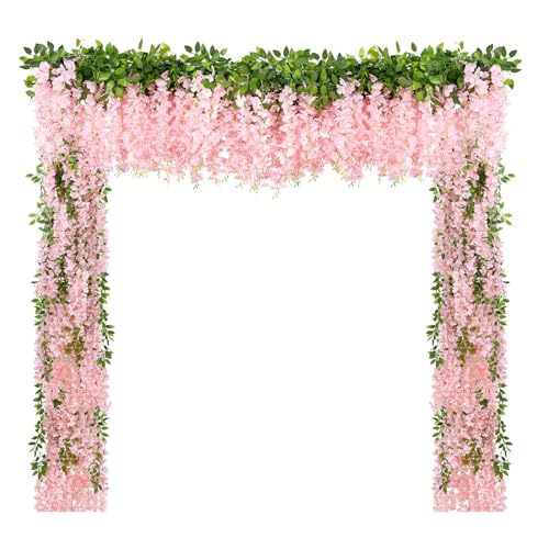 U'Artlines 10Pcs 7.2 Ft/Piece Artificial Wisteria Garland Silk Fake Light Pink Wisteria Flowers Hanging Greenery Vines Garlands Rattan for Home Garden Wedding Arch Party Indoor Outdoor Décor - color: Light Pink