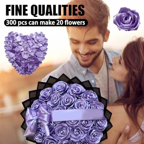 300Pcs Premade Satin Ribbon Rose Petals Half-Finished for Eternal Rose DIY Ramos Forever Flowers Bouquets Everlasting Floral,for Wedding,Anniversary,Birthday (300 Pcs Light Purple) - color: 300 Pcs Light Purple