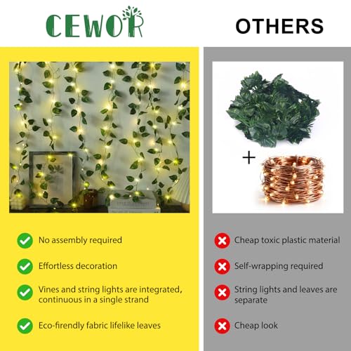 CEWOR Vines with Lights Battery Operated, 40ft 120 LED Ivy String Lights, Fake Ivy Garland with Lights for Home Wedding Decor (Pothos) - size: 40FT pothos with 120 lights