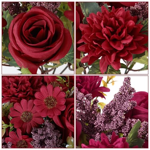 Dremisland Artificial Flowers 2 Bundles Burgundy Fake Roses Silk Bouquets with Daisy Chrysanthemum Artificial Faux Flowers Floral Arrangements for Valentines Day Wedding Table Centerpiece Party Decor - color: Burgundy, size: 2PCS