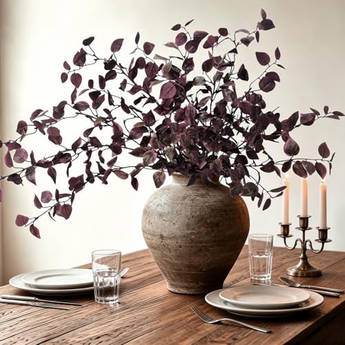 6 Pcs Artificial Fall Stems Long Stem Fall Flowers for Tall vase Burgundy Eucalyptus Stems Lifelike Faux Fall Foliage Stems Dusty Plum Stems for Indoor Home Table Vase Centerpiece Farmhouse Fall Decor - color: Red Brown