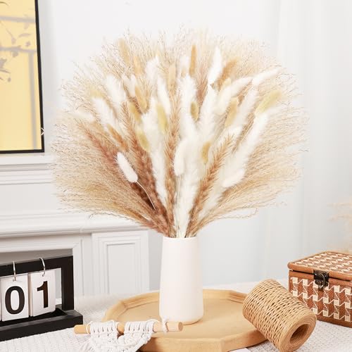Dried Pampas Grass Bouquet White and Brown Boho Floral Arrangement Wedding Decor and Rustic Home Decor Faux Pampas Grass Tall Centerpiece for Table and Vase (Beige Cloud Bouquet) - color: Beige Cloud Bouquet