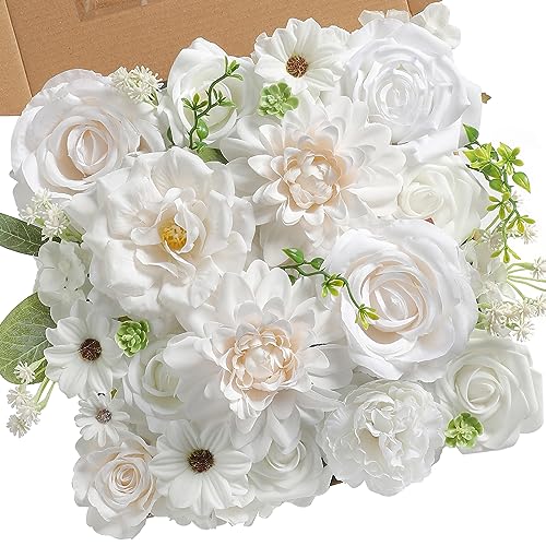 Artificial Flowers Roses Fake Flowers with Stems White Dahlia Artificial Flowers for DIY Bridal Bouquets Faux Flowers Centerpieces for Table Home Decor (White) - color: White