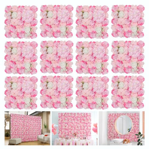 Flower Wall Backdrop 12-Pack 16.5x16.5 Inch Artificial Rose Silk Flowers Panels-Floral Wall Panel Wedding Photo Backdrop Photography Backdrop Event Party Decoration-Pink - color: Pink, size: 16.5inch