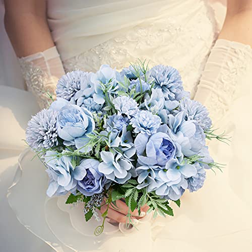 Artificial Flowers, 4 Packs Blue Fake Peony Silk Hydrangea Bouquet Decor Plastic Carnations Daisy Realistic Flower Home Office Party Decor Arrangements Wedding Decoration Table Centerpieces - color: 4 Pack Blue Fake Flower