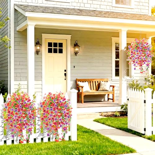 5PCS Artificial Faux Hanging Flowers Plants for Outdoor Decor,Fake Silk Daisy Flowers with Eucalyptus UV Resistant Realistic Vines for Home Porch Patio Balcony Yard Decor (Hot pink Fuchsia) - color: Hot Pink Fuchsia