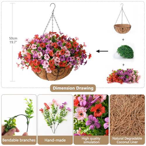 Artificial Faux Hanging Plants Flowers Basket for Outdoor Spring Summer Decoration,Fake Silk Daisy in Planter Realistic UV Resistant for Outside Home Porch Patio Balcony Yard(Purple Red Pink) - color: Purple Red Pink