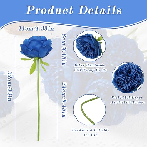 SITUMEIZI 10PCS Artificial Peony Flowers, Real Touch Fake Silk Bouquet with Stems for Home Mothers Day Wedding Party Centerpieces Table Decoration Indoor(Royal Blue) - color: Royal Blue