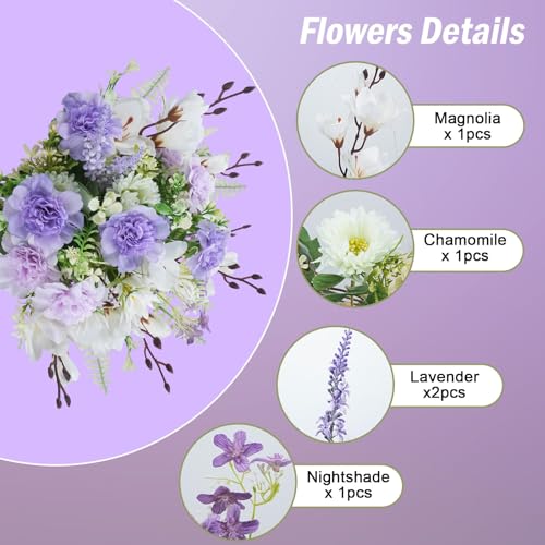6 Pcs Purple Silk Flowers Cemetery Flowers for Grave Vase Lavender & Lilac Flowers Artificial Light Purple Silk Floral Arrangements for Wedding Home Table Centerpieces Cemetery Decorations