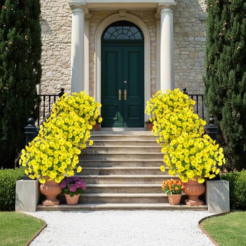 Bassion Artificial Flowers for Outdoors, 20 Bundles Silk Fake Flowers UV Resistant Realistic Morning Glory Faux Eucalyptus Plants for Outside Planters Porch Window Box Garden Indoor Decor - color: Yellow