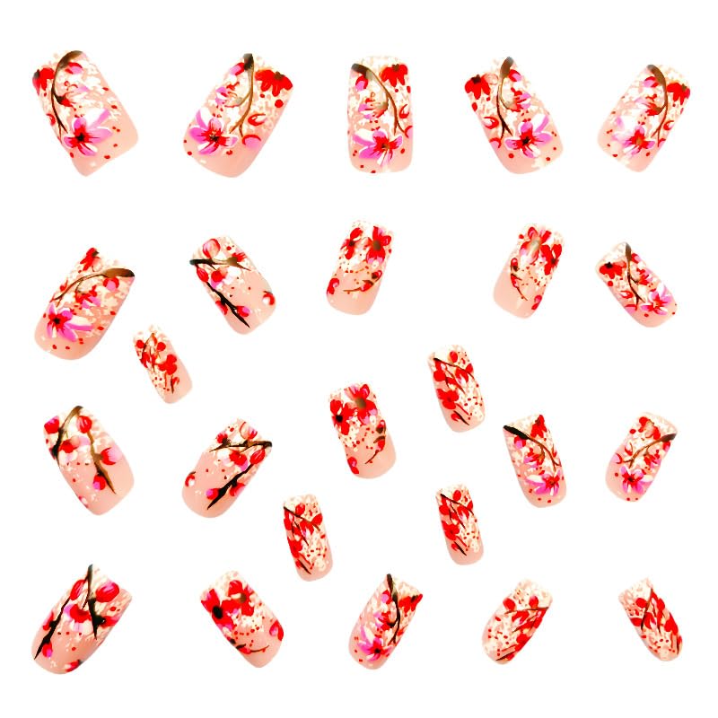 Flower Press-on Nails 24 Pcs, Square, Glossy, Full Cover, Red & White, Floral Designs, ABS Material, Easy to Apply & Remove - color: Flower Square15