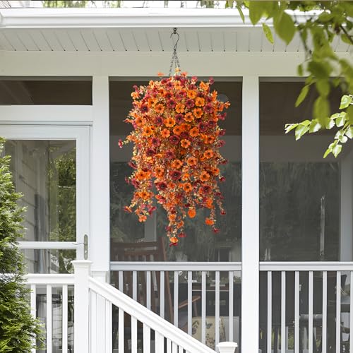 Homsunny Fall Artificial Fake Mums Hanging Flowers Plants Basket for Outdoor Decoration,Faux Silk Daisy planters UV Resistant Look Real for Home Porch Patio Balcony Yard Autumn Decor (Orange Brown) - color: Orange Brown