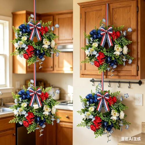 6 Pcs Small 4th of July Hanging Wreaths for Cabinets with Red Blue Artificial Mini Independence Day Pillar Candle Ring Wreath for Patriotic Independence Day Memorial Day Porch Front Door - color: Patriotic