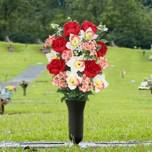 Briful Artificial Flowers for Cemetery, Cemetery Flowers for Grave, Weather Resistant Cemetery Flowers for Vase, Large Sympathy Grave Floral Arrangement with Peonies Lily Silk Flower - color: Red, size: 25.9 in. Cemetery Flowers Bouquet