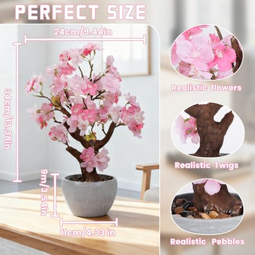 TOARTi Artificial Pink Cherry Blossom Potted Plant with Stone Pot, 13.4" Tall Fake Flowers Faux Plant Desk Decor, Realistic Decorative Plants Indoor Decor for for Home Bedroom Bathroom Office Desk - color: Pink Cherry Blossoms 13.4''