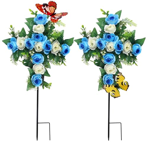 Artificial Cemetery Flowers,Set of 2 Faux Floral Cross,Artificial Rose Bouquet Decoration for Cemetery Headstones Gravesites,Silk Flowers for Long-Lasting Remembrance (Blue) - color: Blue
