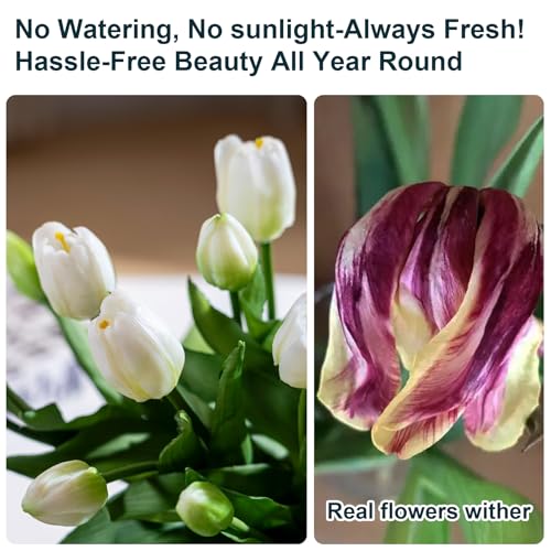 Bailikang 20PCS Fake Tulips Artificial Tulip Silk Flowers Fake PU Bouquet Artificial Flowers Faux Flowers with Gift Box Soft Faux Tulips Bouquets Arrangements for Party Wedding Home - color: White