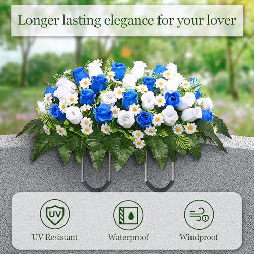 Dolicer Artificial Cemetery Flowers for Grave, Headstone Flower Saddle Look Real Grave Memorial Flowers for Cemetery UV Resistant Rose Flowers for Headstones Cemetery Grave Decorations (Blue, White) - color: Blue, White, size: Headstone Saddle