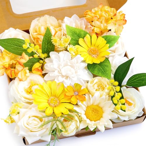 Yellow Artificial Flowers Combo Box Wedding Decor,Fake Flowers,Flowers for Decoration,Silk Flowers for Home Decor Indoor,Cake Flowers,Faux Flowers for Crafts - color: Cream Yellow