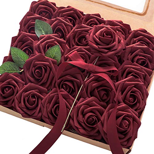 Floroom Artificial Flowers 25pcs Real Looking Burgundy Foam Fake Roses with Stems for DIY Wedding Bouquets Red Bridal Shower Centerpieces Party Decorations - color: Burgundy, size: 25Pcs