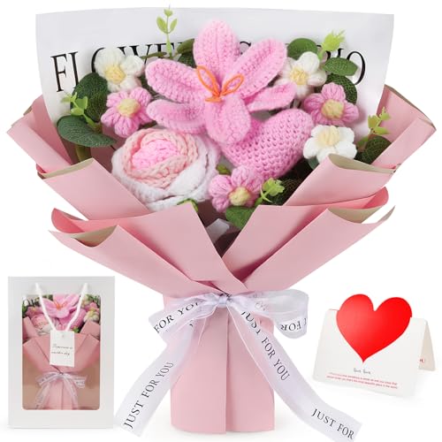 Tenn Well Crochet Flower Bouquet, Crochet Knitted Tulip Gift Artificial Flowers for Mother’s Day, Birthday, Graduation, Anniversary and Home Decor - color: Pink