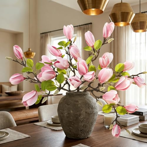 6PCS Artificial Magnolia Flowers Stems for Spring Decoration,26In Artificial Light Pink Fake Flowers with Buds Faux Long Stem Floral Arrangement for Vase Table Centerpiece Indoor - color: Light Pink