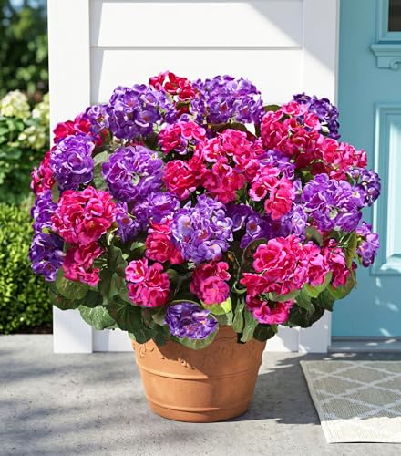 Fake Geraniums Artificial Flowers for Outdoors, 6 Bundles Silk Geraniums Flowers Realistic UV Resistant Fake Plants Faux Flowers for Outside Planters Front Door Garden Balcony Yard Porch Indoor, Mix - color: 3 Purple, 3 Fuchsia