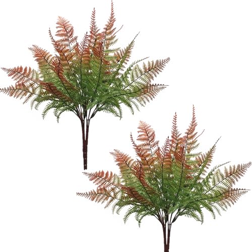 Artificial Fern Plants, Fake Greenery Shrubs Plastic Leaves Bushes Grass Shrub Bush for Indoor Outdoor Garden Verandah Wedding Party Decor Table Arrangement Decoration Red 4 Bunches - color: Red Fern Shrubs / 4 Pack